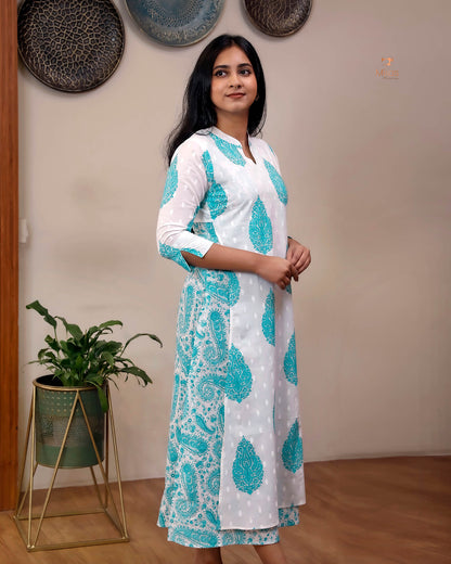 Jaipur Print Cotton Kurti with Jacket Style Back-Blue