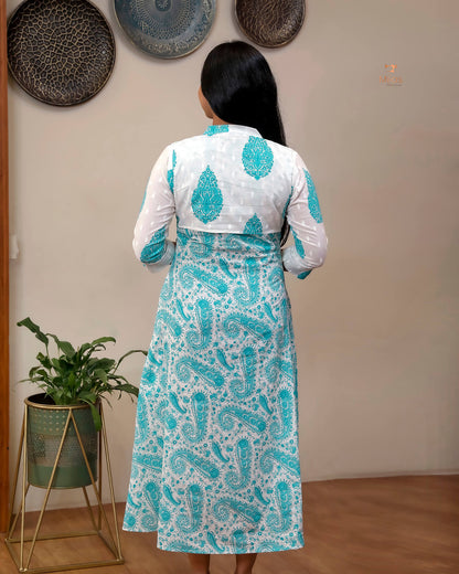 Jaipur Print Cotton Kurti with Jacket Style Back-Blue