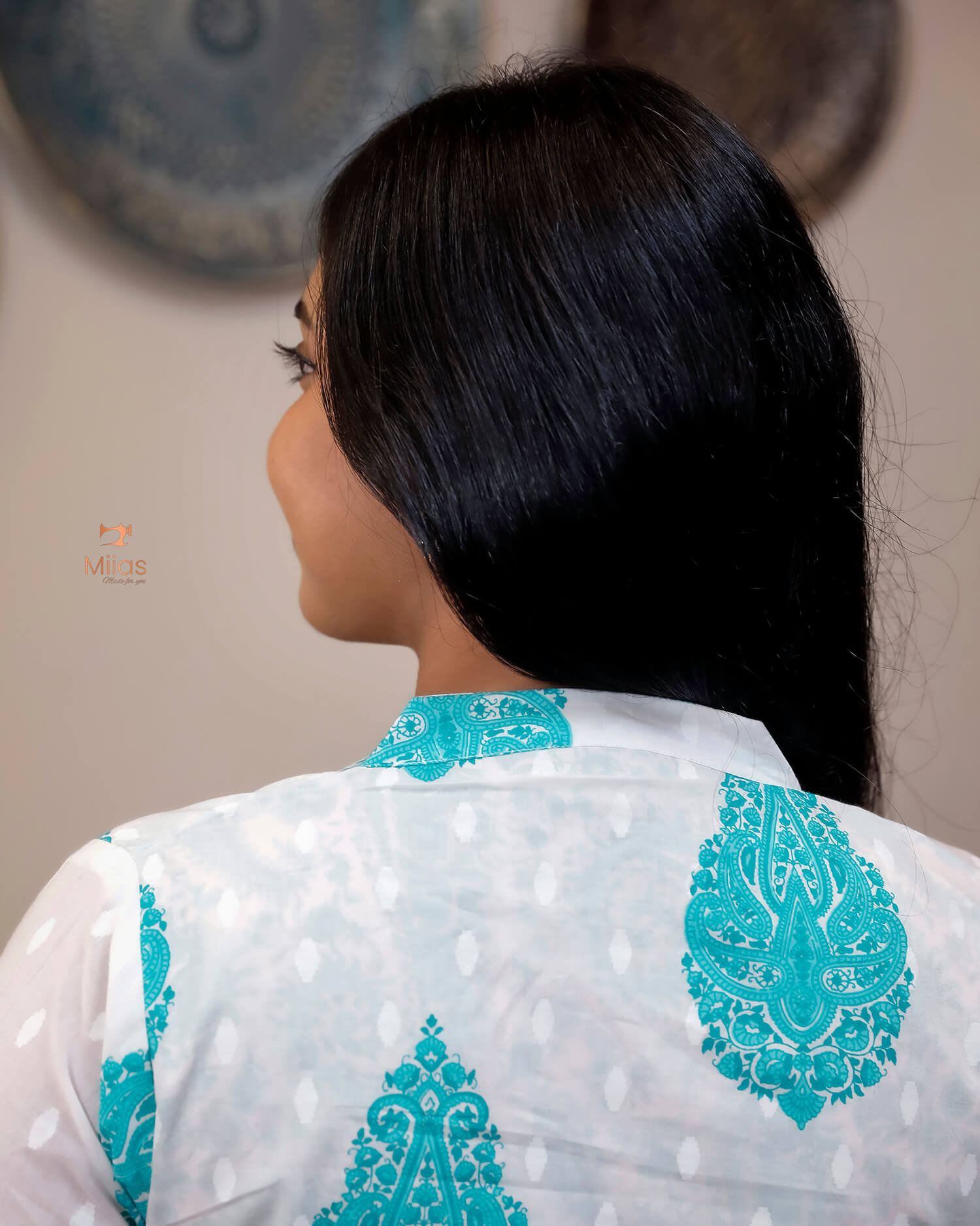 Jaipur Print Cotton Kurti with Jacket Style Back-Blue