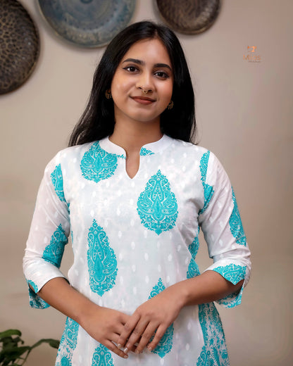 Jaipur Print Cotton Kurti with Jacket Style Back-Blue