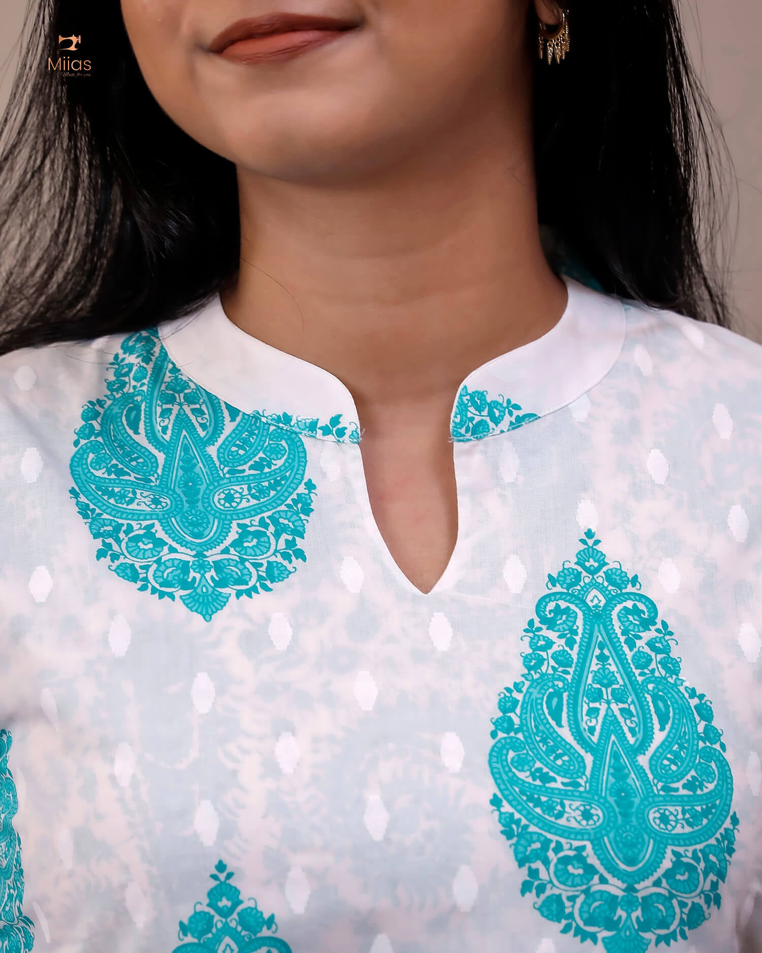 Jaipur Print Cotton Kurti with Jacket Style Back-Blue