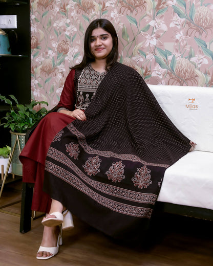 Lawn Cotton 3-Pc: Ajrakh Print Yoke & Dupatta Set-Reddish Maroon