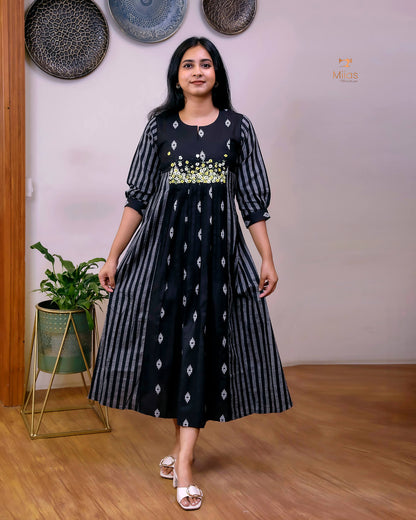 Pure Cotton Three-Panel Kurti | Embroidered & Beaded Neck-Black