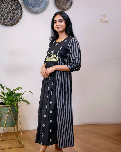 Pure Cotton Three-Panel Kurti | Embroidered & Beaded Neck-Black