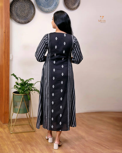 Pure Cotton Three-Panel Kurti | Embroidered & Beaded Neck-Black