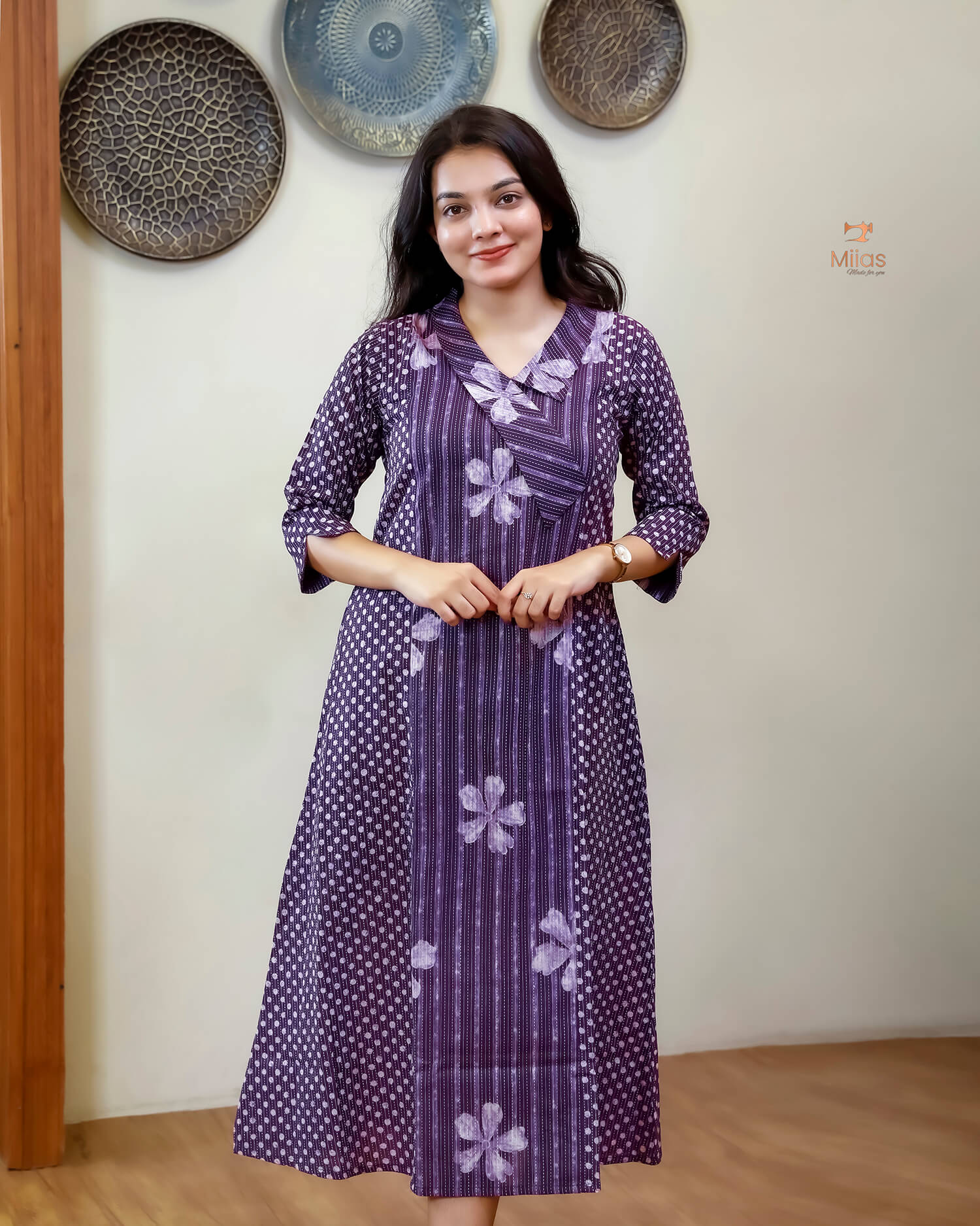 Kantha Cotton Kurti | Dual Print | Side Pocket | Purple