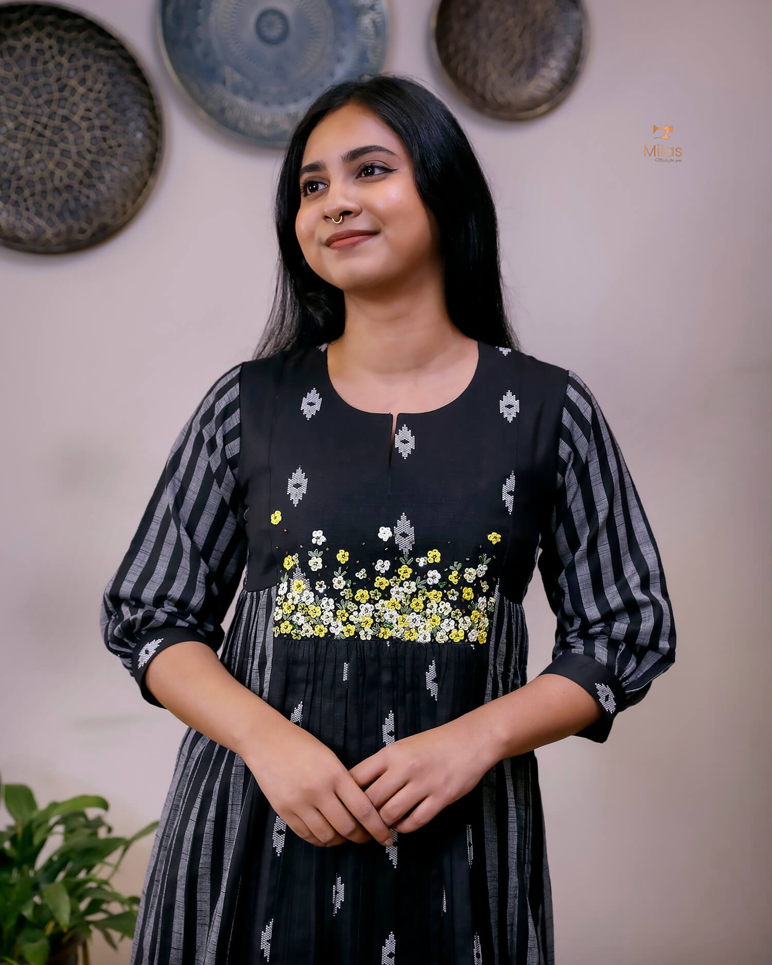 Pure Cotton Three-Panel Kurti | Embroidered & Beaded Neck-Black