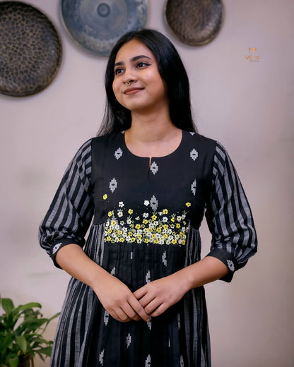 Pure Cotton Three-Panel Kurti | Embroidered & Beaded Neck-Black