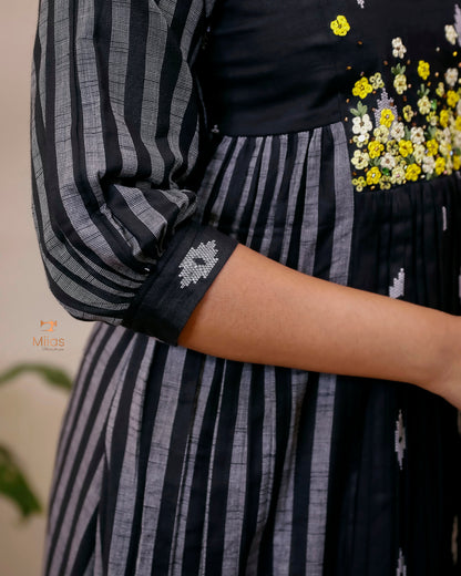 Pure Cotton Three-Panel Kurti | Embroidered & Beaded Neck-Black