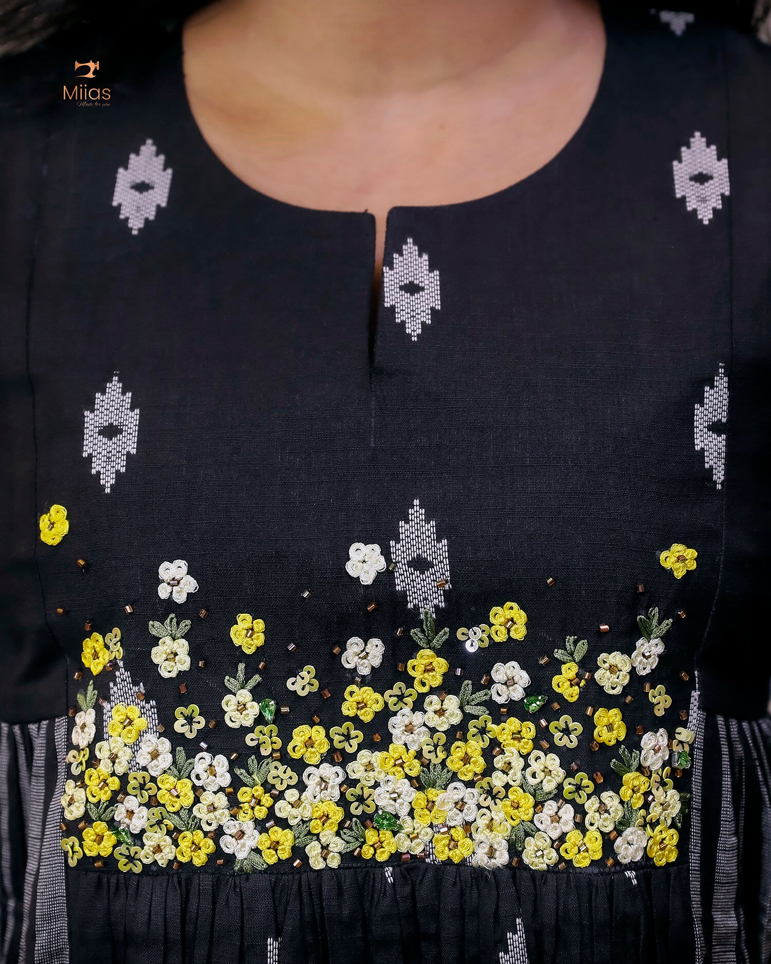 Pure Cotton Three-Panel Kurti | Embroidered & Beaded Neck-Black