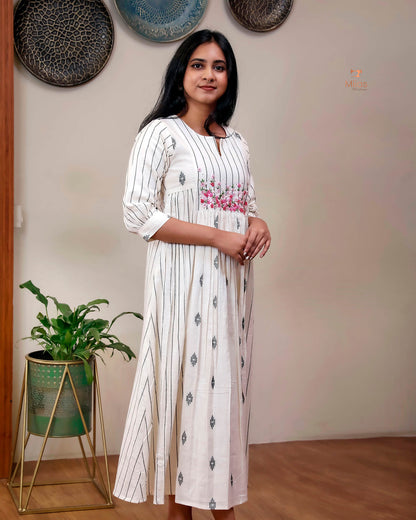 Pure Cotton Three-Panel Kurti | Embroidered & Beaded Neck