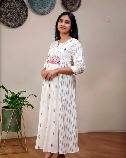 Pure Cotton Three-Panel Kurti | Embroidered & Beaded Neck