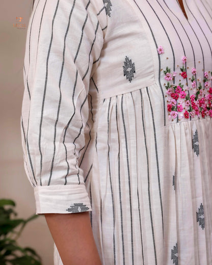 Pure Cotton Three-Panel Kurti | Embroidered & Beaded Neck