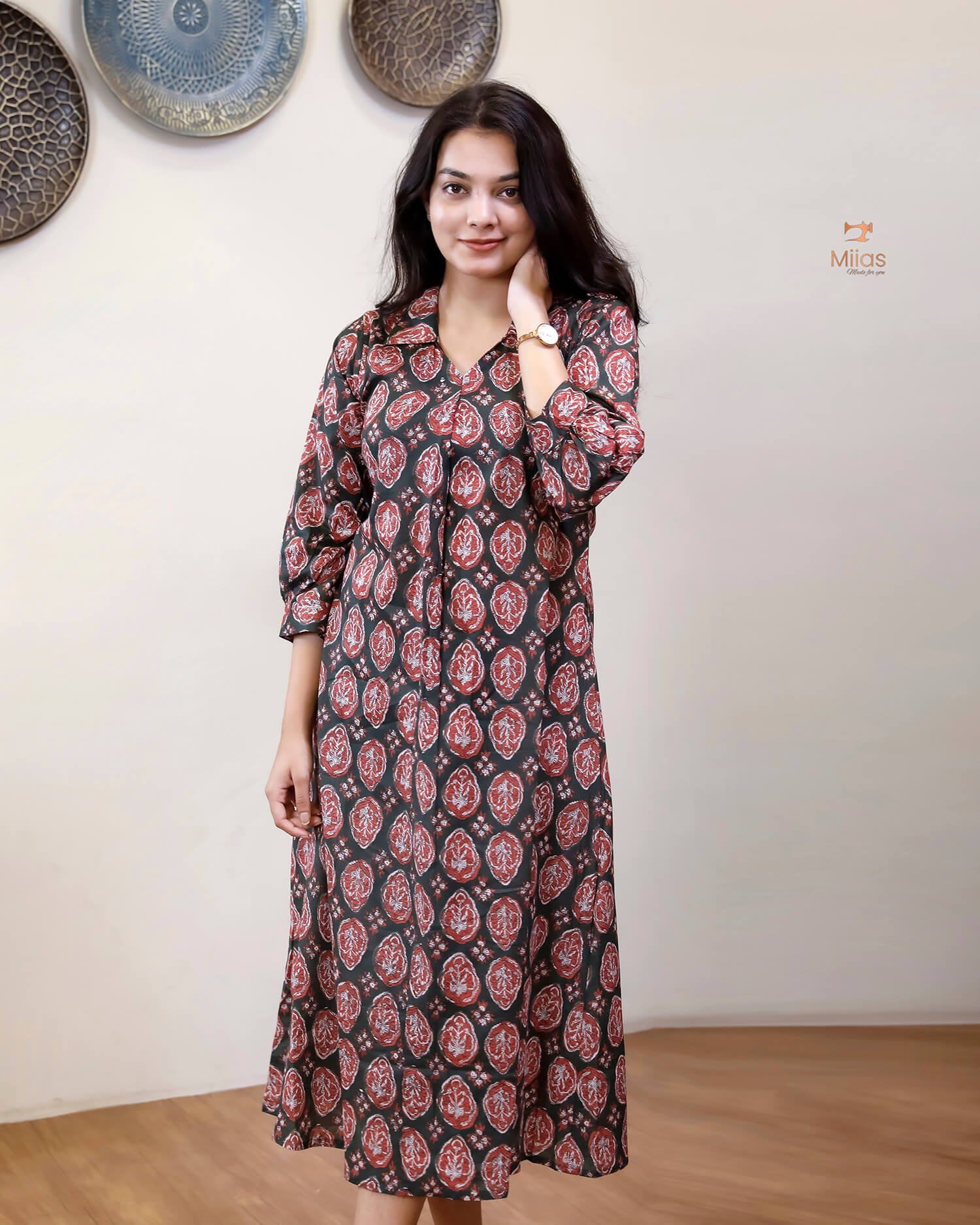 Cotton Handblock Kurti | Shirt Collar Pleated | Green