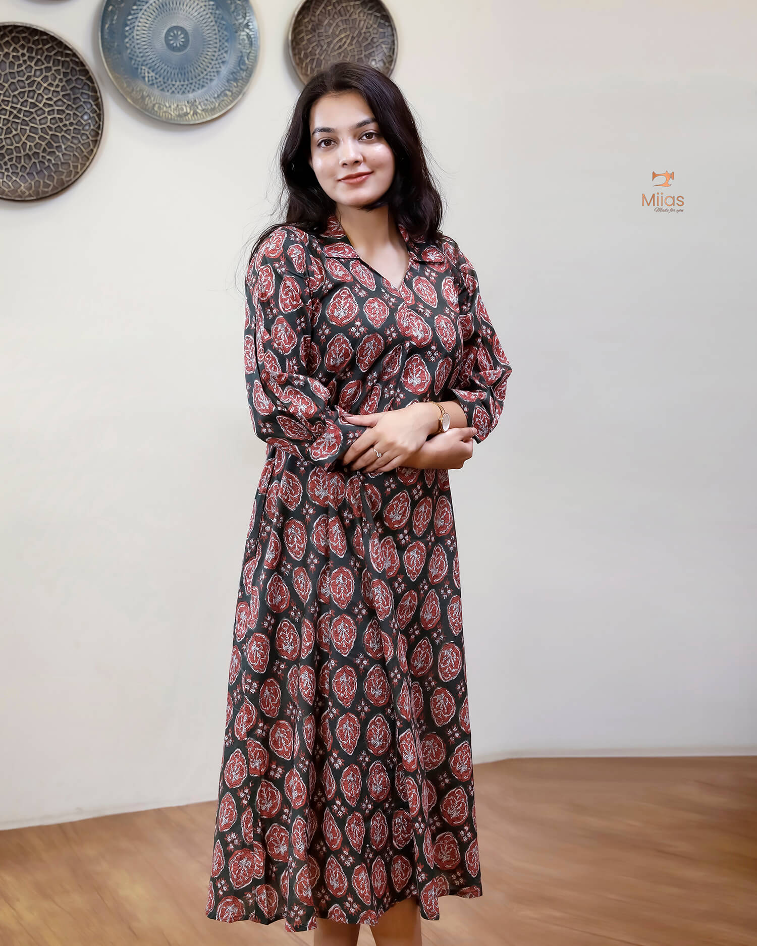 Cotton Handblock Kurti | Shirt Collar Pleated | Green