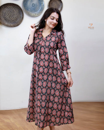 Cotton Handblock Kurti | Shirt Collar Pleated | Green