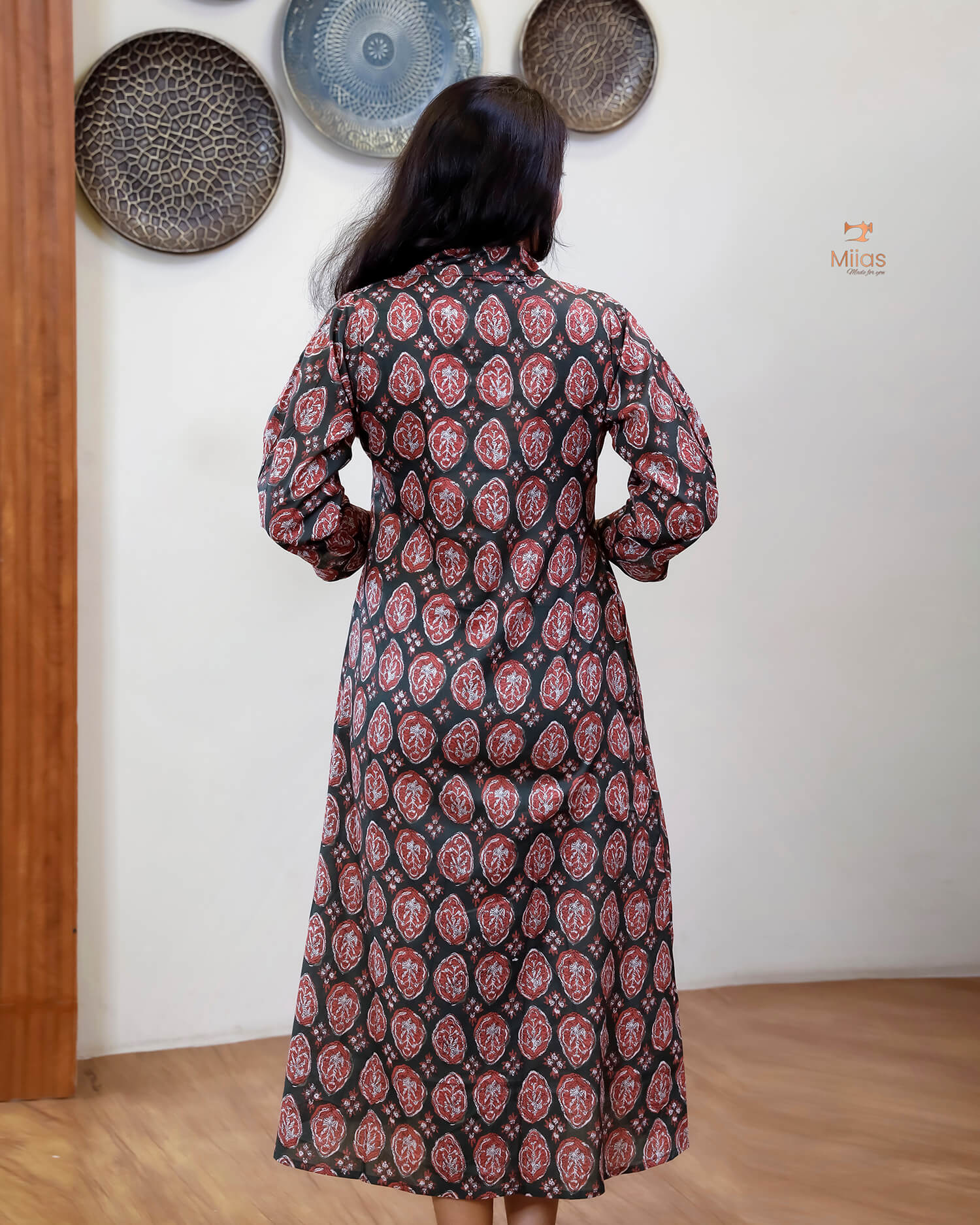 Cotton Handblock Kurti | Shirt Collar Pleated | Green