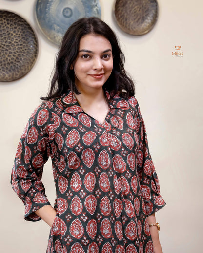 Cotton Handblock Kurti | Shirt Collar Pleated | Green