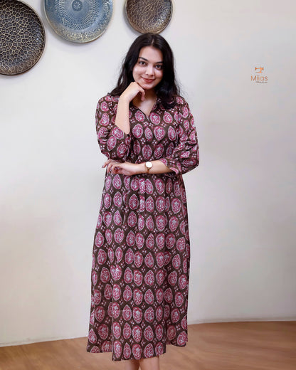 Cotton Handblock Kurti | Shirt Collar Pleated | Brown