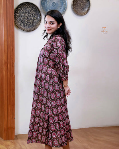 Cotton Handblock Kurti | Shirt Collar Pleated | Brown