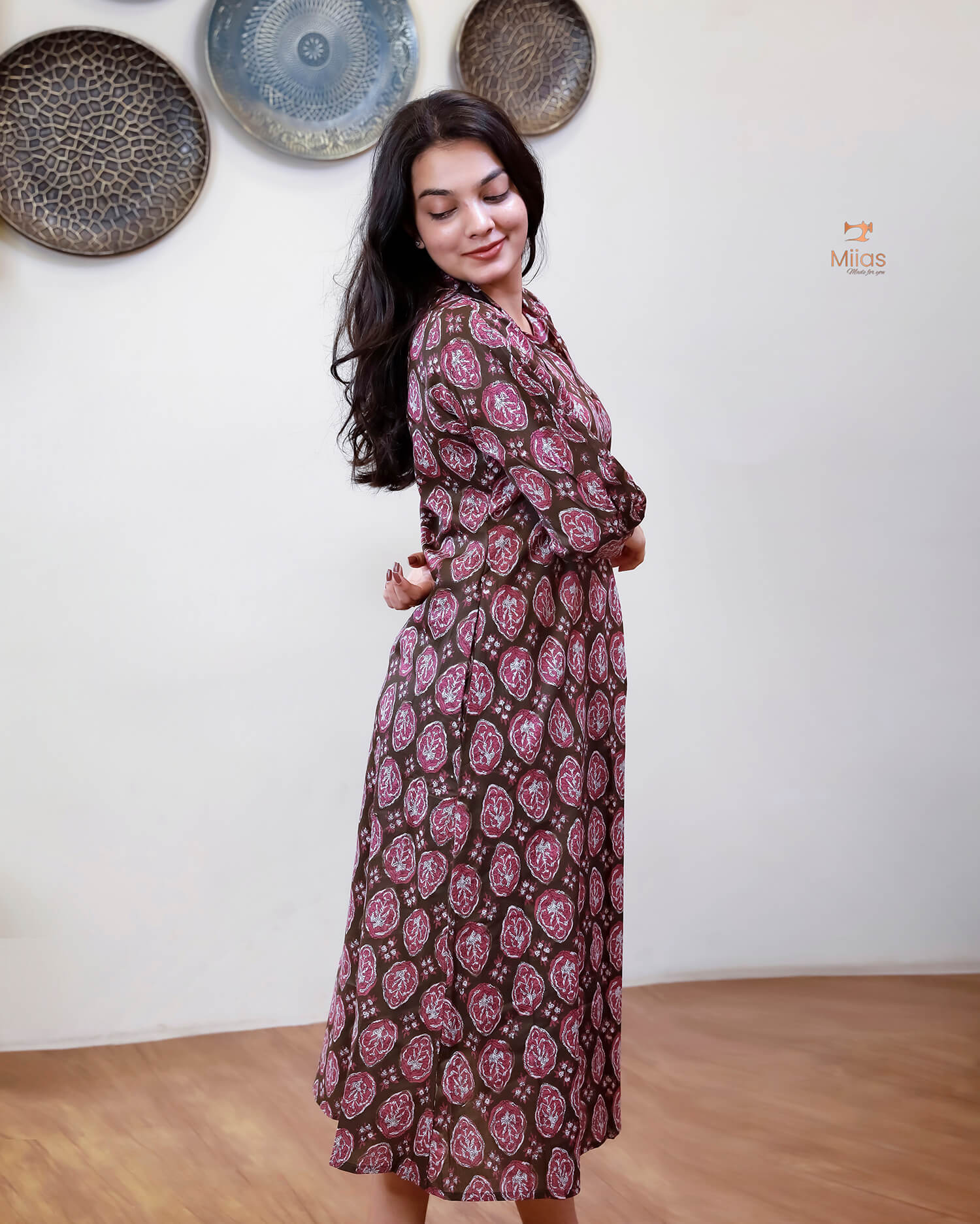 Cotton Handblock Kurti | Shirt Collar Pleated | Brown