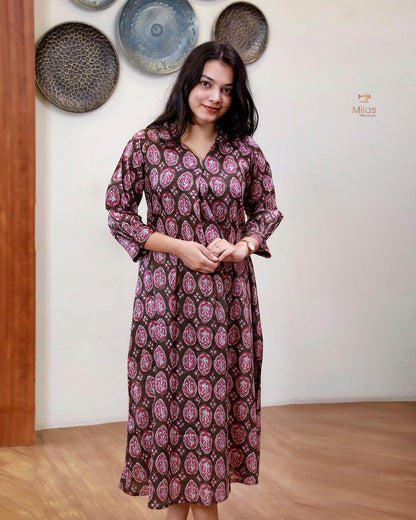 Cotton Handblock Kurti | Shirt Collar Pleated | Brown