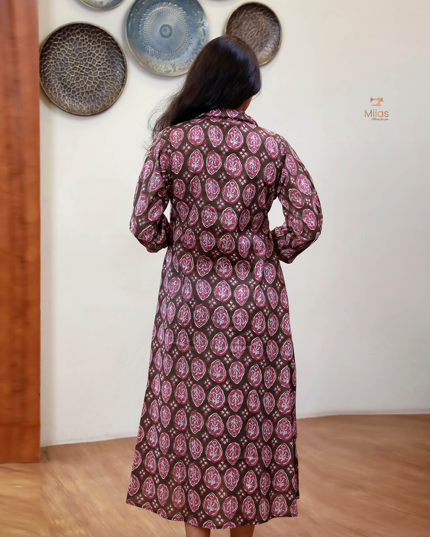 Cotton Handblock Kurti | Shirt Collar Pleated | Brown