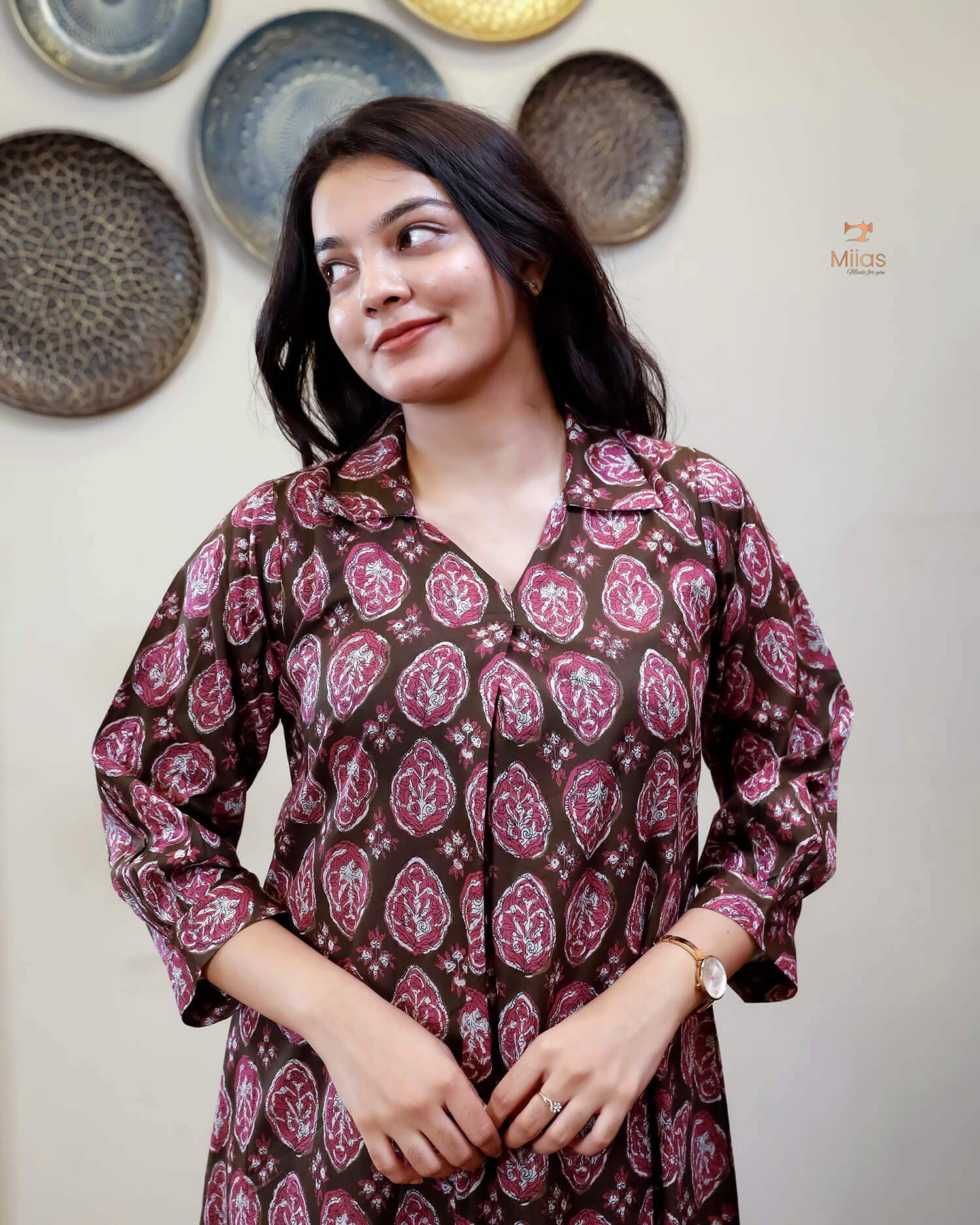 Cotton Handblock Kurti | Shirt Collar Pleated | Brown