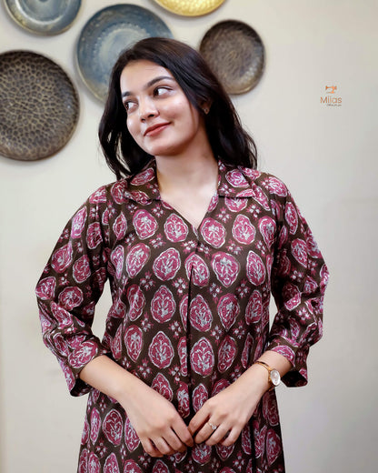 Cotton Handblock Kurti | Shirt Collar Pleated | Brown
