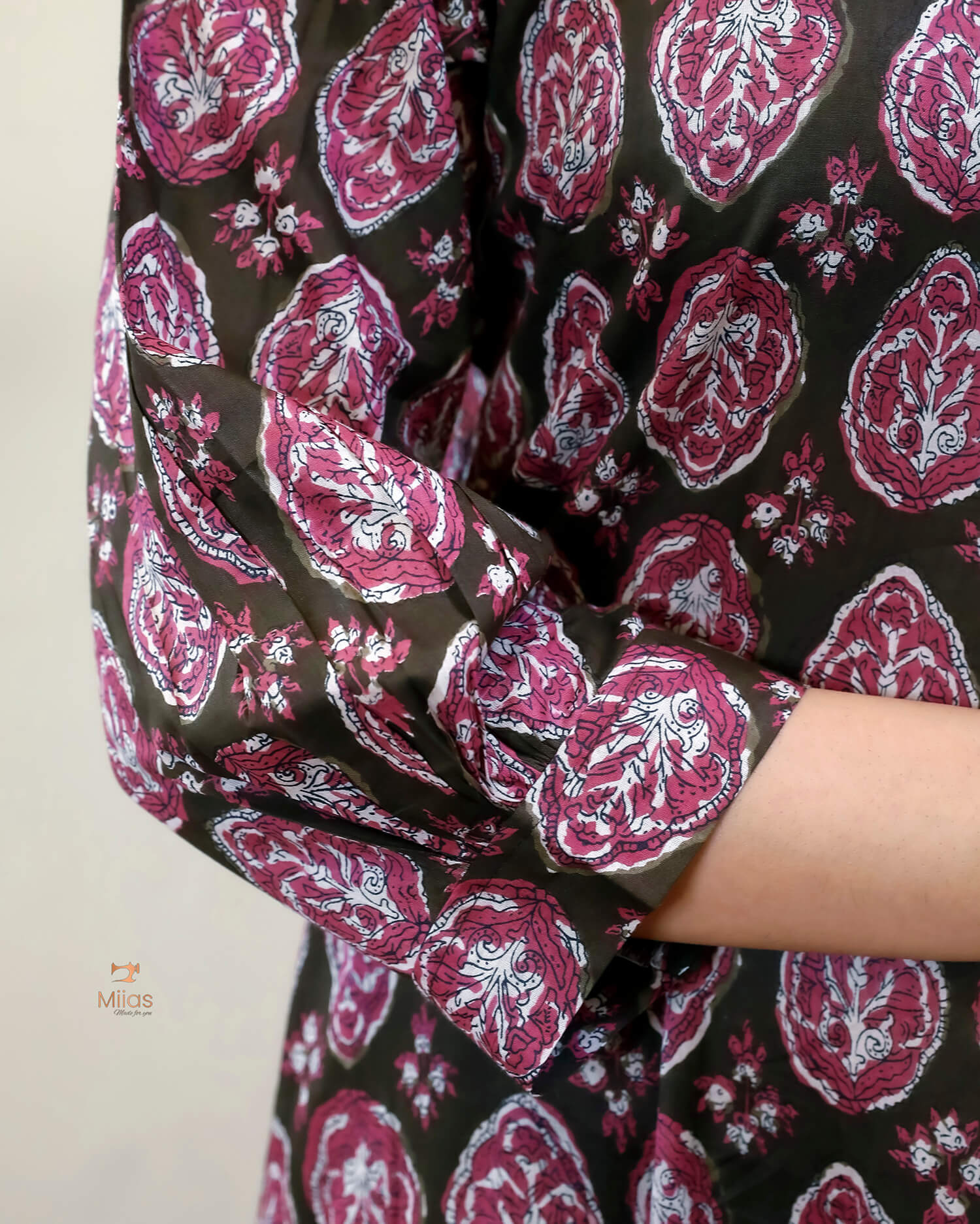 Cotton Handblock Kurti | Shirt Collar Pleated | Brown