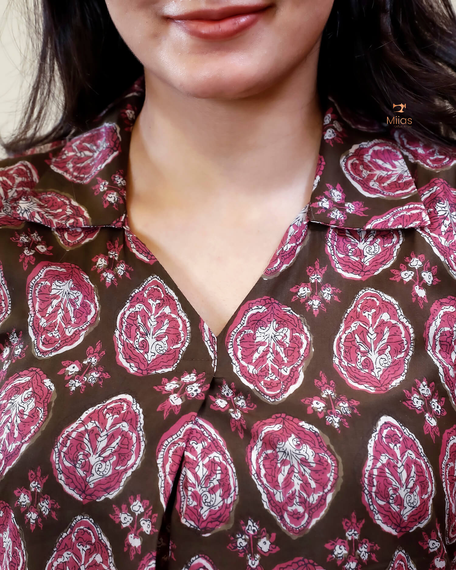 Cotton Handblock Kurti | Shirt Collar Pleated | Brown
