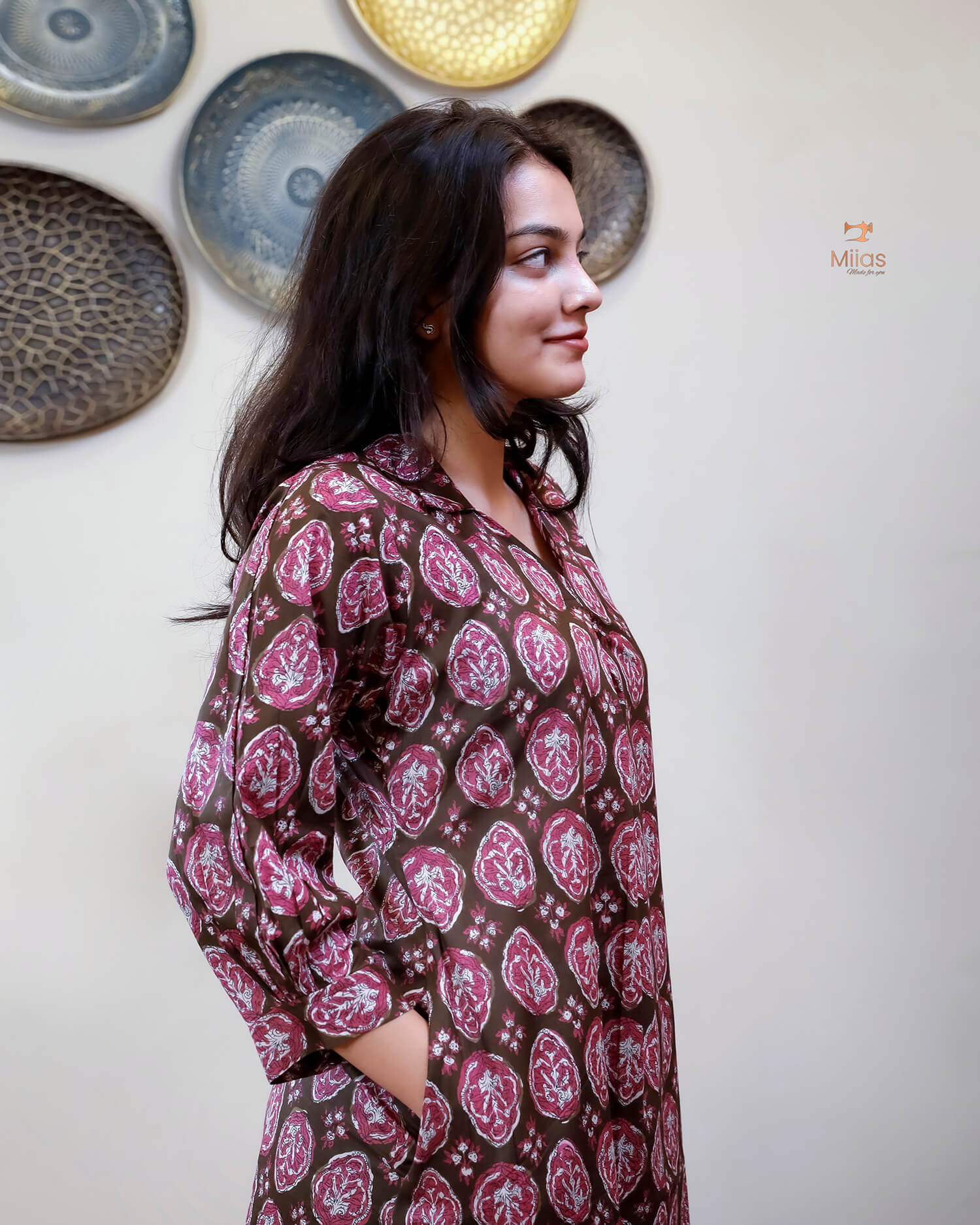 Cotton Handblock Kurti | Shirt Collar Pleated | Brown