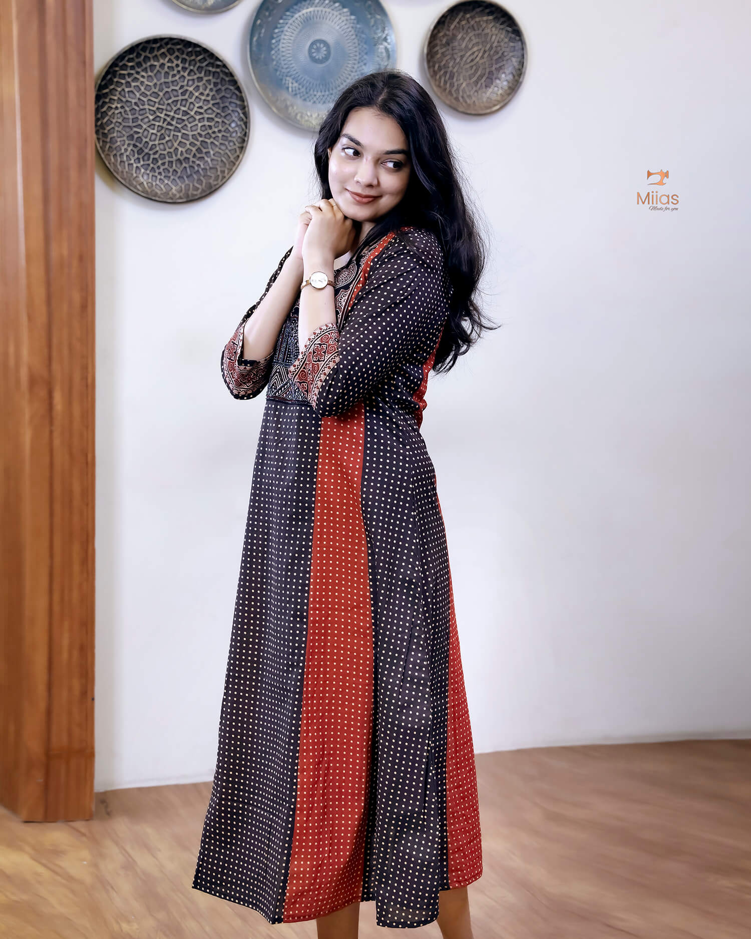 Cotton Panel Kurti | Ajrakh Patches & Beadwork | Black