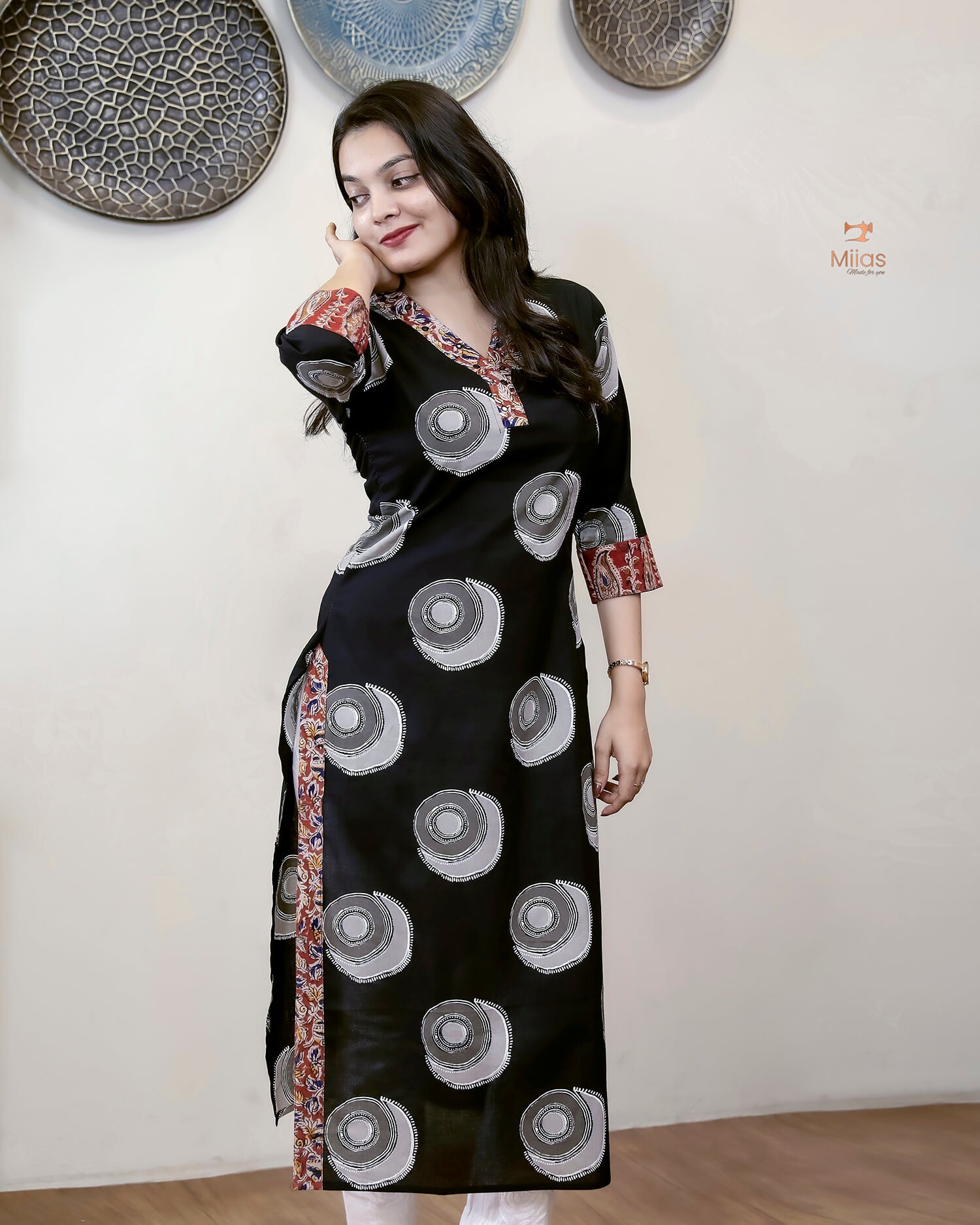 South Cotton Slit Kurti Embroidered Kalamkari Patches-Black.