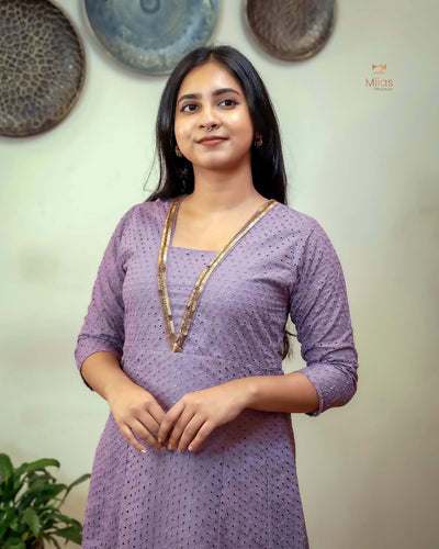 Elegant Sequined Panel Top in Soft Cotton-Lavender