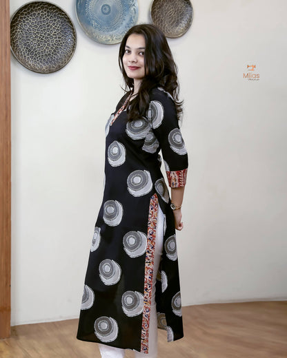 South Cotton Slit Kurti Embroidered Kalamkari Patches-Black.