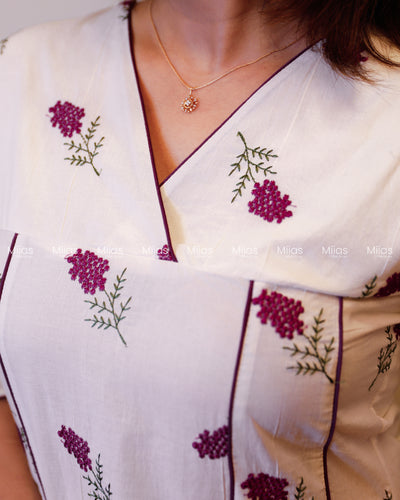 Kora Cotton 5-Panel Kurti | Embroidered + Contrast Piping | Off-white with Purple