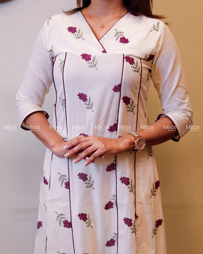 Kora Cotton 5-Panel Kurti | Embroidered + Contrast Piping | Off-white with Purple