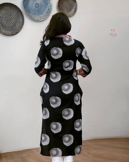 South Cotton Slit Kurti Embroidered Kalamkari Patches-Black.