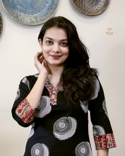 South Cotton Slit Kurti Embroidered Kalamkari Patches-Black.
