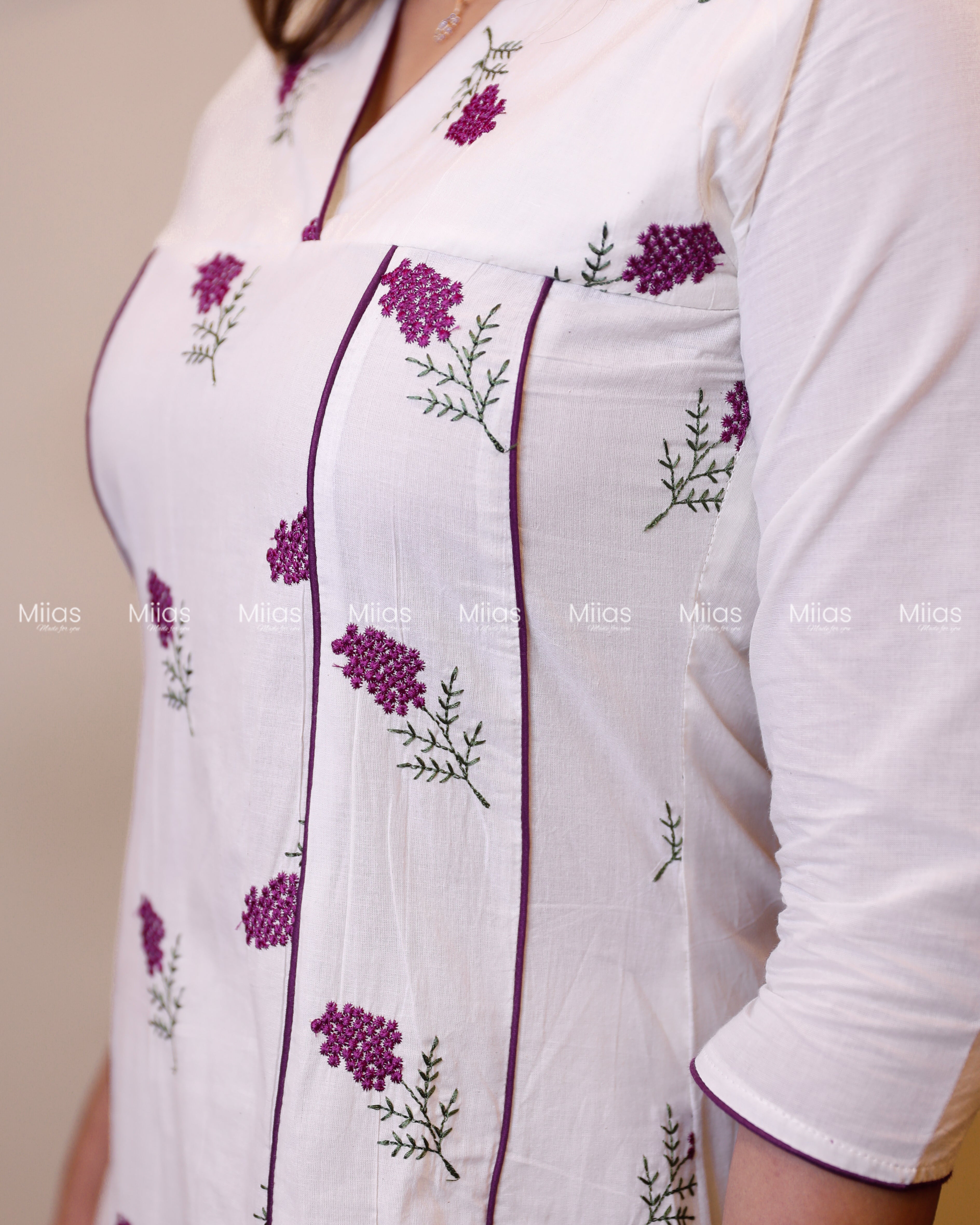 Kora Cotton 5-Panel Kurti | Embroidered + Contrast Piping | Off-white with Purple