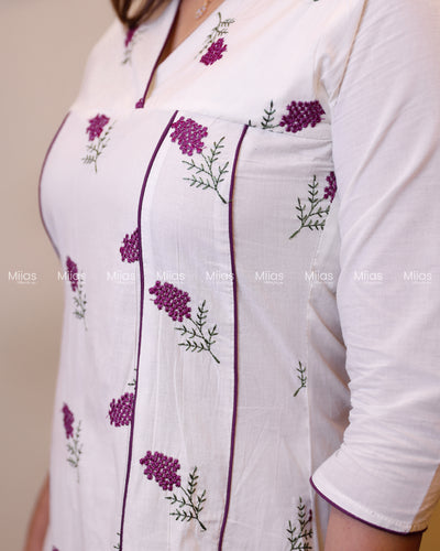Kora Cotton 5-Panel Kurti | Embroidered + Contrast Piping | Off-white with Purple