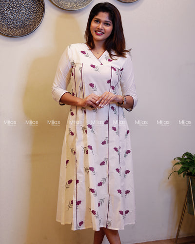 Kora Cotton 5-Panel Kurti | Embroidered + Contrast Piping | Off-white with Purple