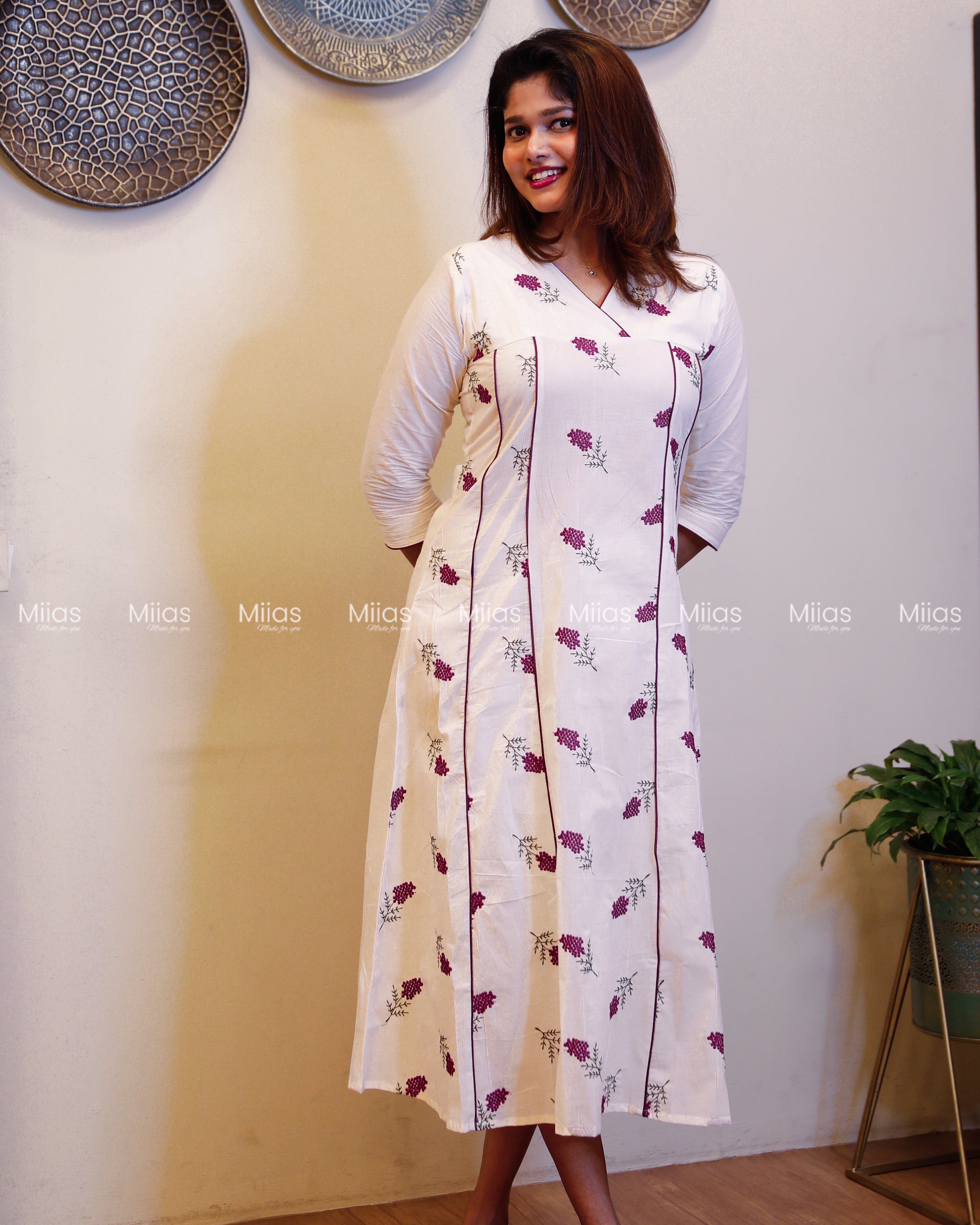 Kora Cotton 5-Panel Kurti | Embroidered + Contrast Piping | Off-white with Purple