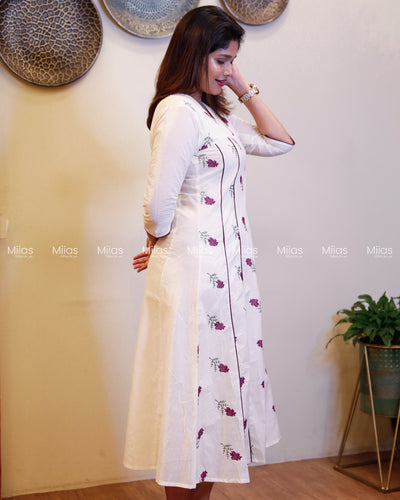 Kora Cotton 5-Panel Kurti | Embroidered + Contrast Piping | Off-white with Purple