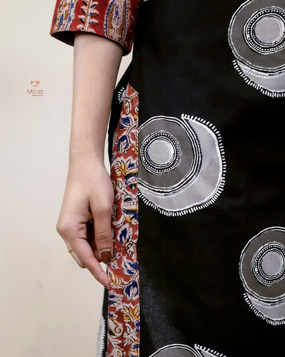 South Cotton Slit Kurti Embroidered Kalamkari Patches-Black.