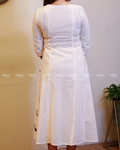 Kora Cotton 5-Panel Kurti | Embroidered + Contrast Piping | Off-white with Purple