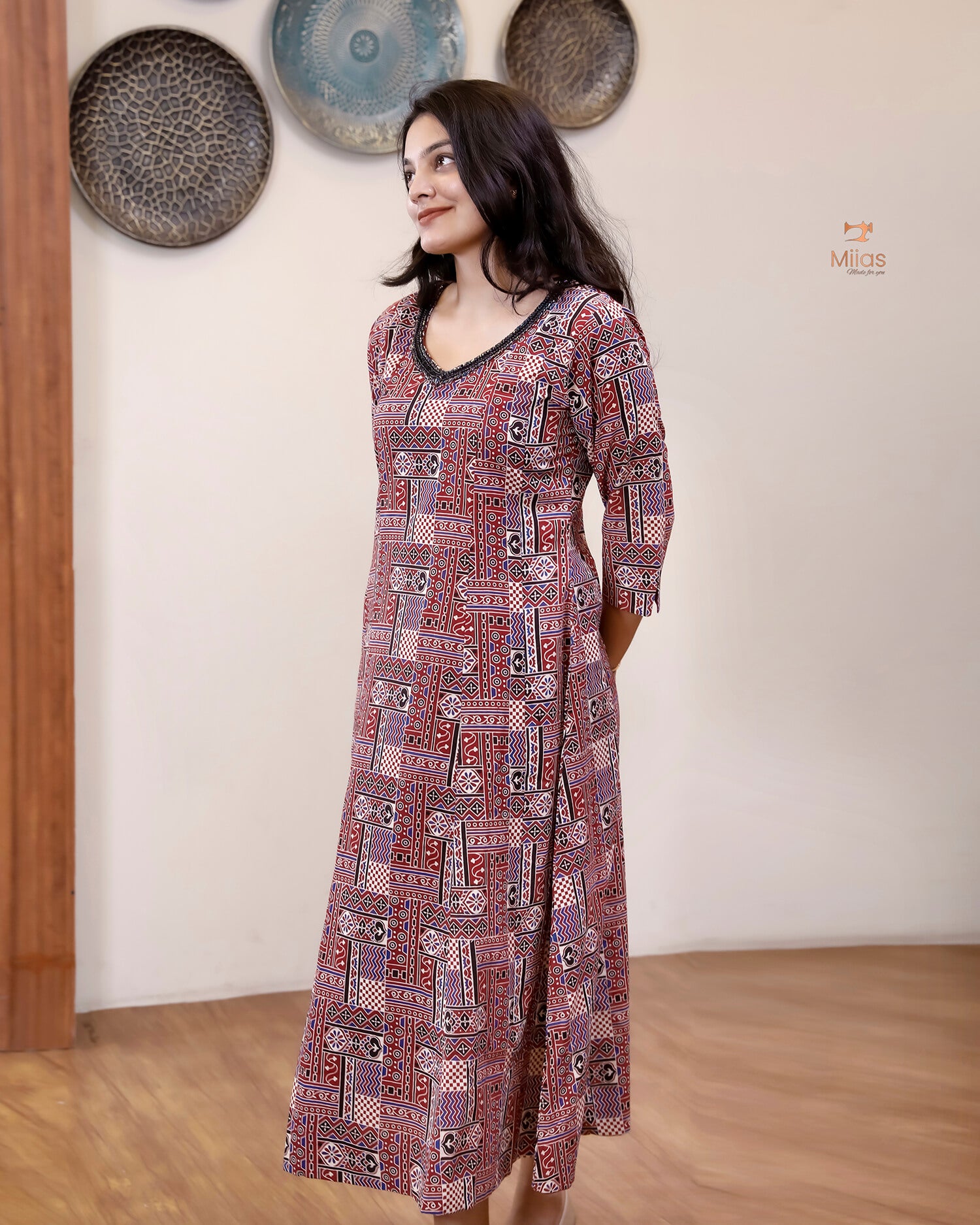 Cotton Ajrakh Kurti | Embroidered | Panel Cut | Red