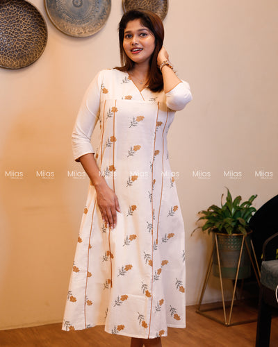 Kora Cotton 5-Panel Kurti | Embroidered + Contrast Piping | Off-white with Yellow