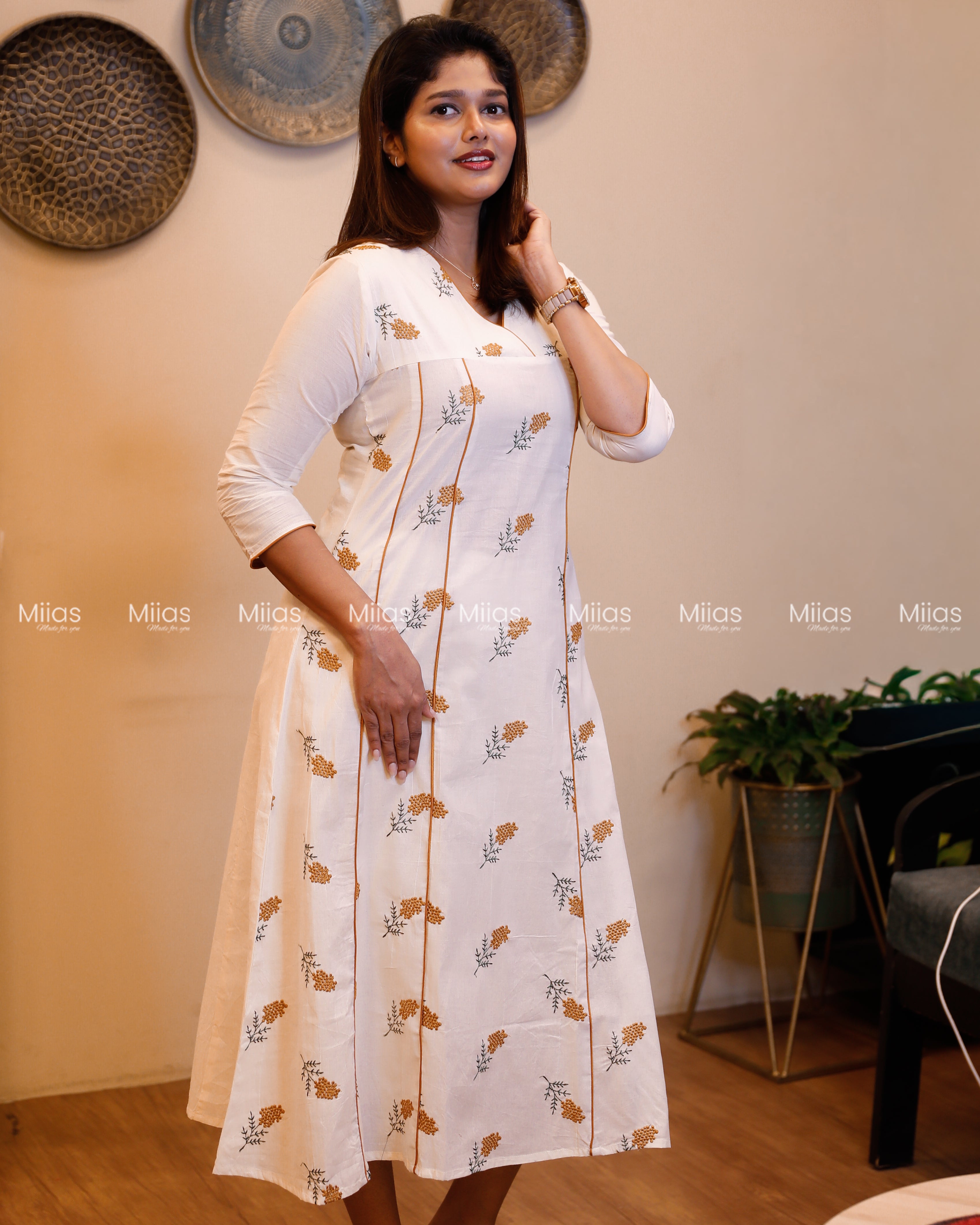 Kora Cotton 5-Panel Kurti | Embroidered + Contrast Piping | Off-white with Yellow